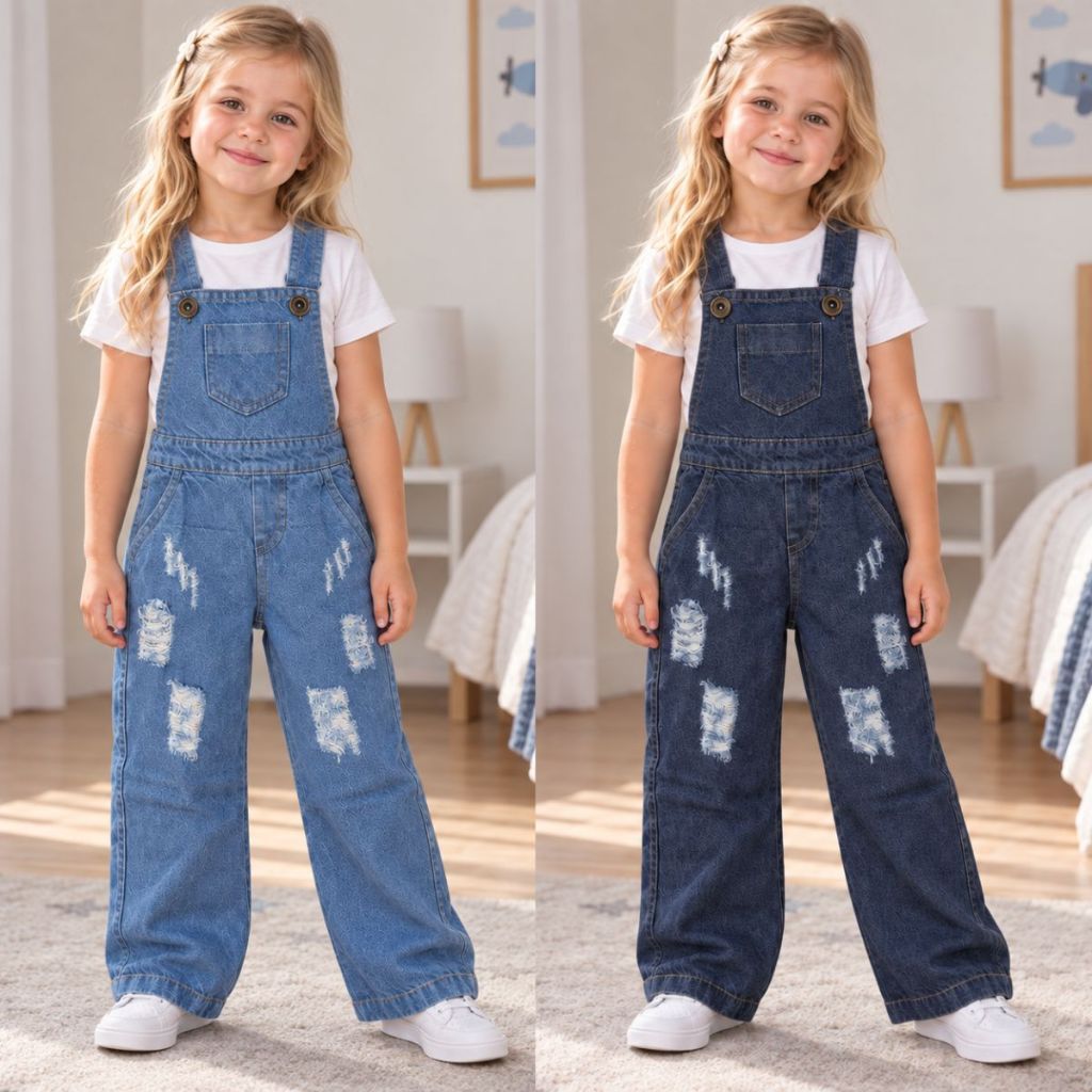 Macacão Jardineira Jeans Menina Calça Infantil Longa 2 ao 10 Anos
