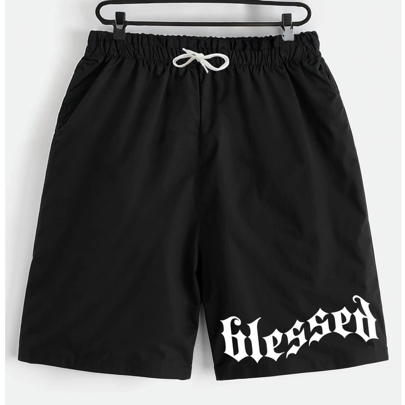 Shorts Preto e Cinza Bermuda Calção Verão Blesed Abençoado Estampado Infantil Juvenil
