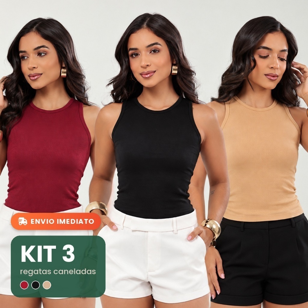 Kit 3 Blusas Feminina Regata Ribana Canelado Básica Casual Estilosa Tendência Justa Sem Manga Decote Redondo Caneladinho