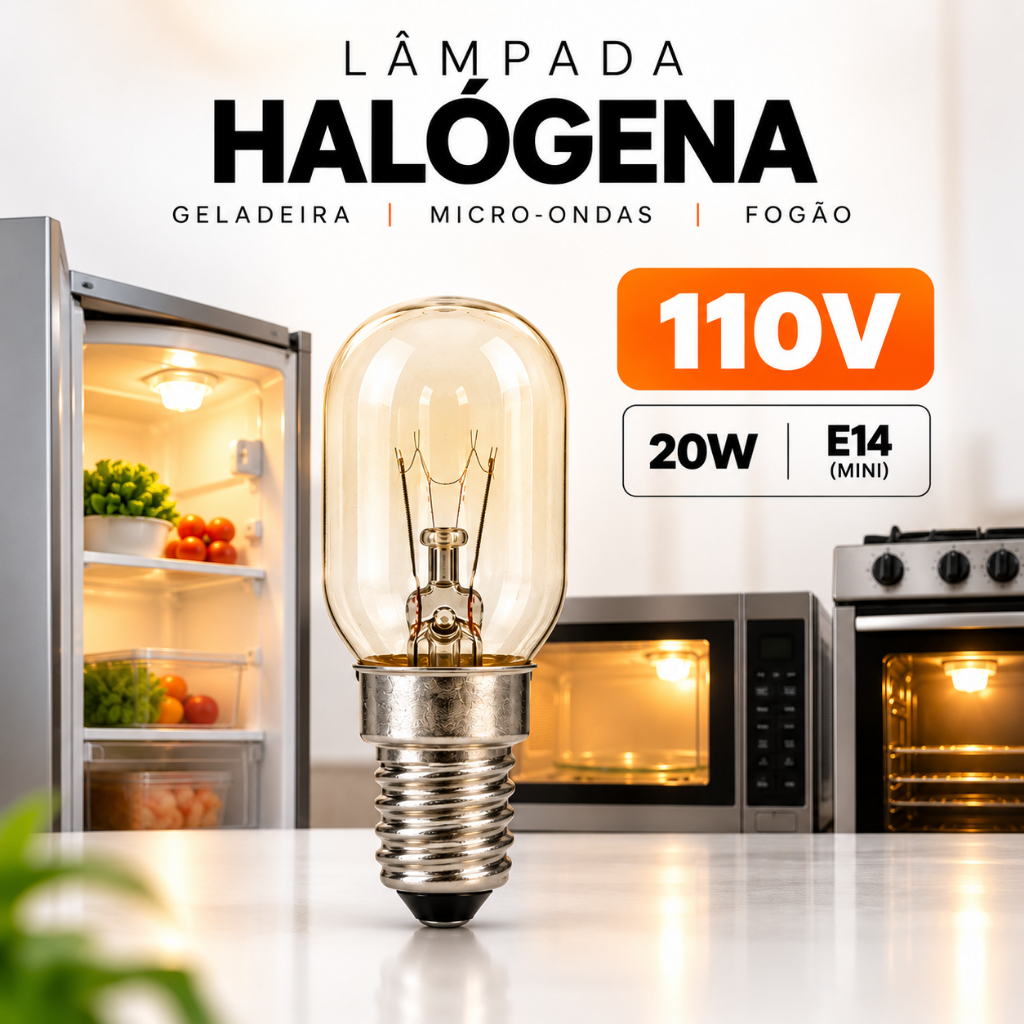Kit 1 a 5 Lâmpadas Halógenas 20W E14 110V para Geladeira Micro-ondas e Fogão