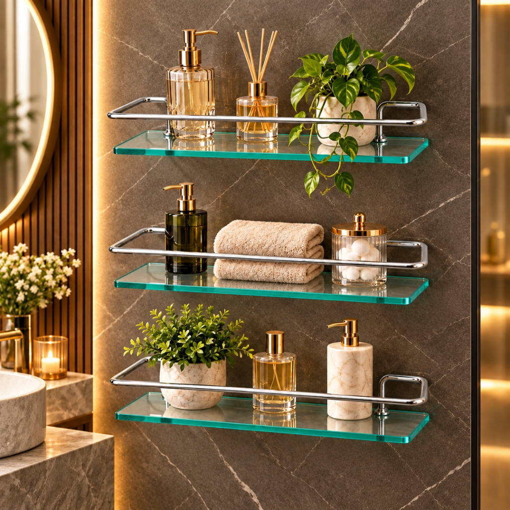 Kit 3 Prateleira de Reto Vidro Porta Shampoo Objetos Organizador para Banheiro Cozinha e Lavanderia