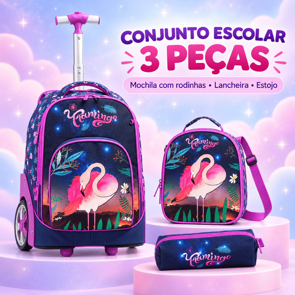 Kit Mochila Roxa Lancheira Térmica Estojo Infantil Rodinha Flamingo Lequeen