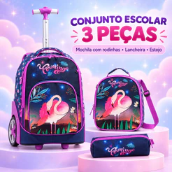 Kit Mochila Roxa Lancheira Térmica Estojo Infantil Rodinha Flamingo Lequeen