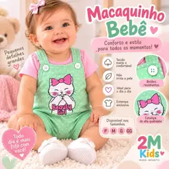 Jardineira mais body bebê menina 100% algodão com botão regulável