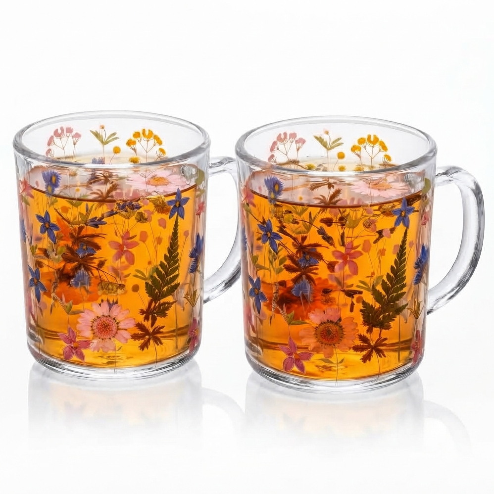 Jogo 2 Canecas de Vidro Florescer 220ml Lyor Xícaras com Relevo Floral e Resistentes para Café Chás e Chocolates Quentes
