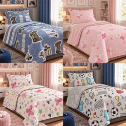 Kit Colcha Cobre Leito Infantil Solteiro 2 Peças Dupla Face