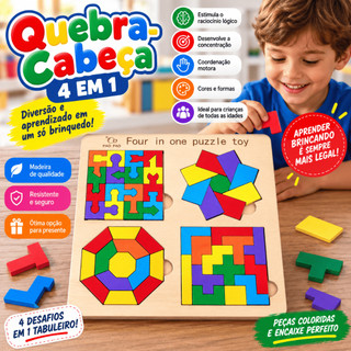 Brinquedo Educativo Montessori Quebra Cabeça de Madeira Infantil 4 em 1 Encaixe Formas e Cores