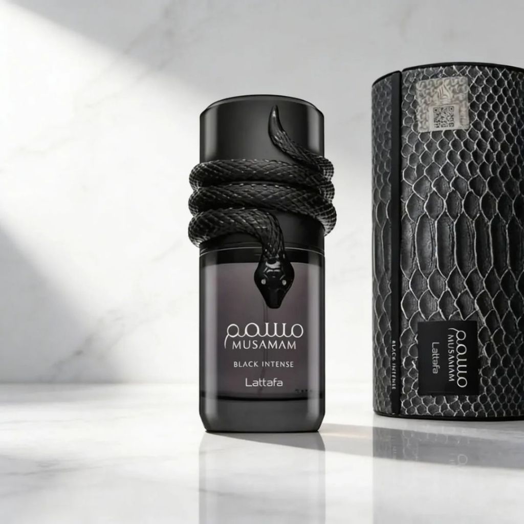 Perfume Lattafa Musamam, notas de âmbar, açafrão e cedro, linha Casablanca.Ele