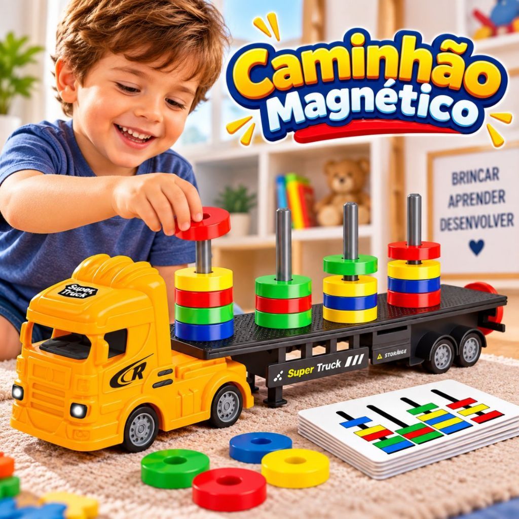 Caminhão Magnético Educativo Com 19 Anéis 54 Cartas Desafio Brinquedo Infantil Raciocínio Lógico TDH