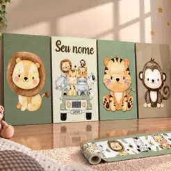 Kit Quadros Decorativos Safari Baby Personalizado Com Nome + Faixa Adesiva de Parede