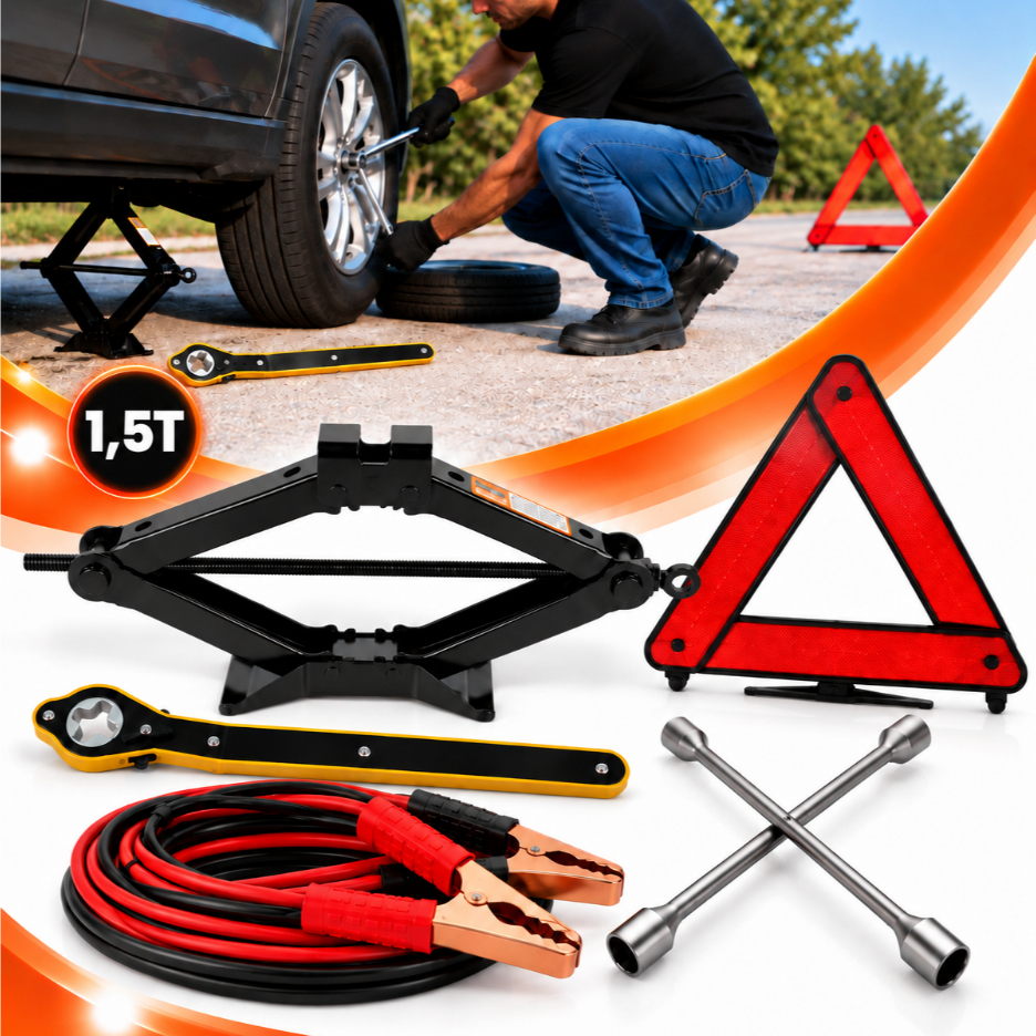 Kit Estepe Macaco Com Chave Catraca 1,5T De Roda Triangulo Sinalizador Cabo Chupeta
