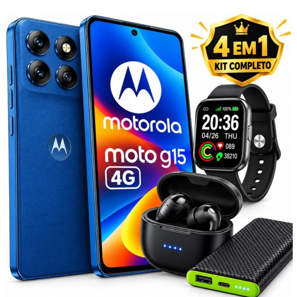 Celular Moto G15 256GB 12GB RAM NFC Câmera 50MP DUAL SIM+ Carregador Portatil + Fone de Ouvido Bluetooth + Smartwatch
