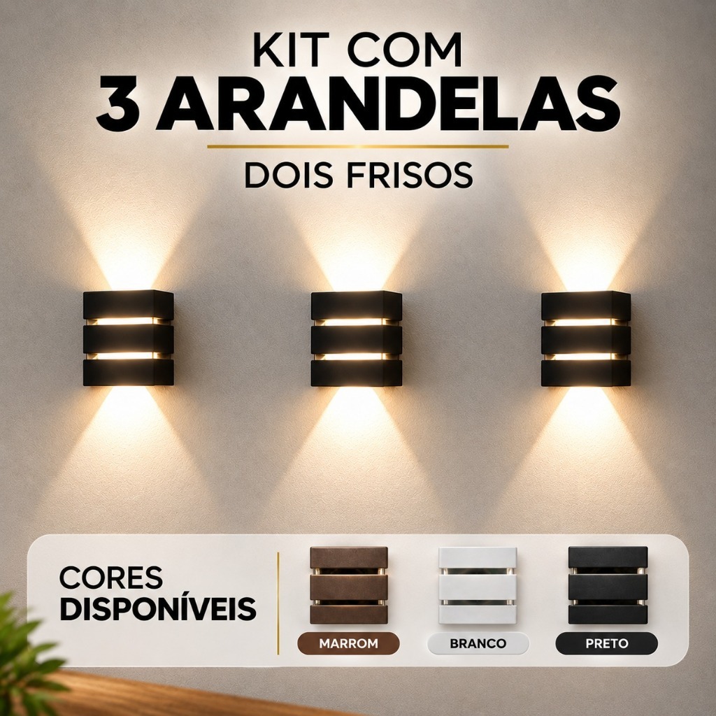 Kit 3 Arandela De Parede Luminária Slim 2 Focos 2 Frisos Uso Externo e Interno Acompanha Lâmpada 5w
