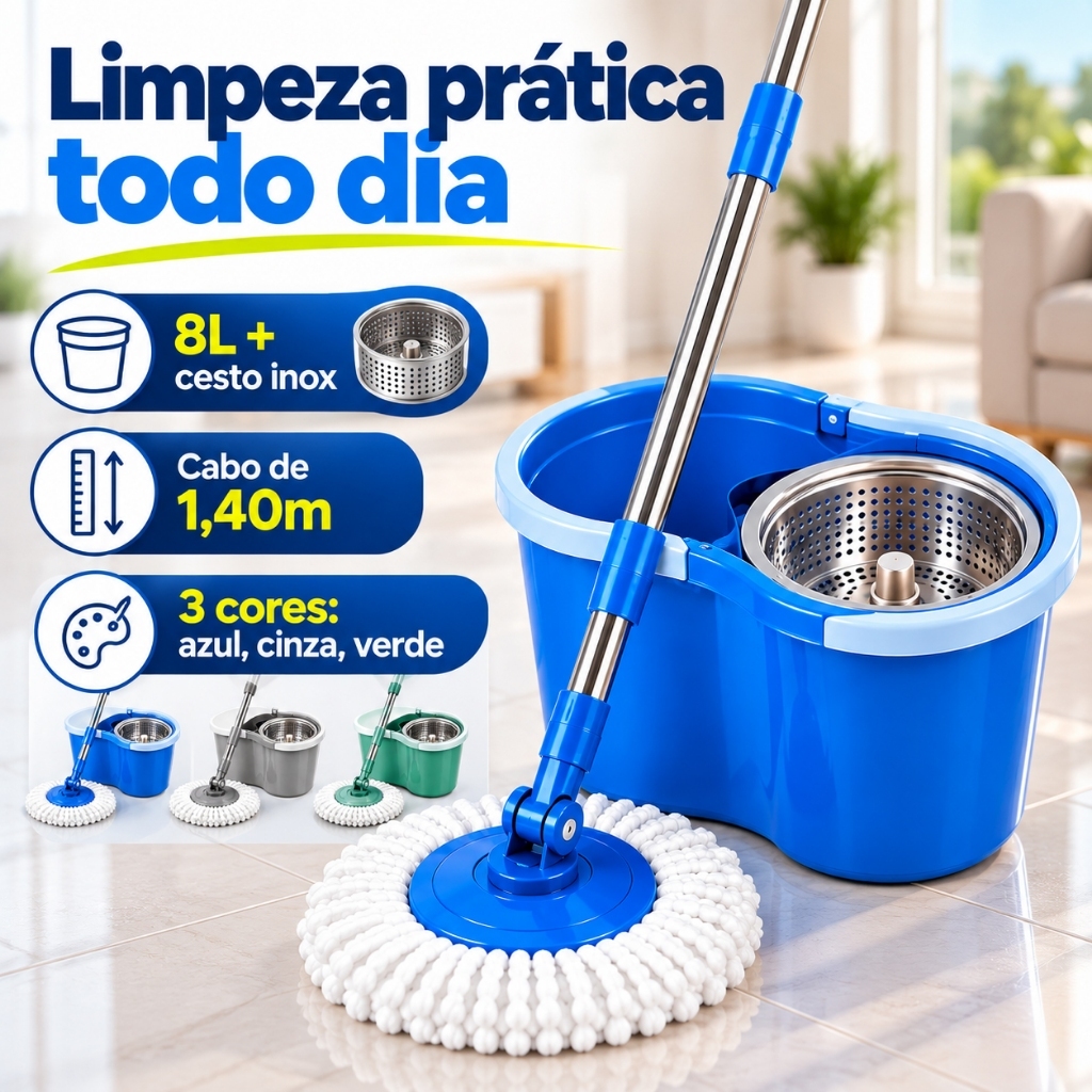 Mop Giratório 360 8L Com Centrífuga Inox e Microfibra Cabo 1,40m Dispenser Esfregão Lava e Seca para Pisos Porcelanato
