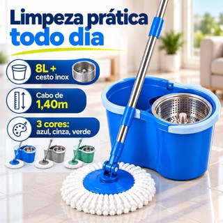 Mop Giratório 360 8L Com Centrífuga Inox e Microfibra Cabo 1,40m Dispenser Esfregão Lava e Seca para Pisos Porcelanato