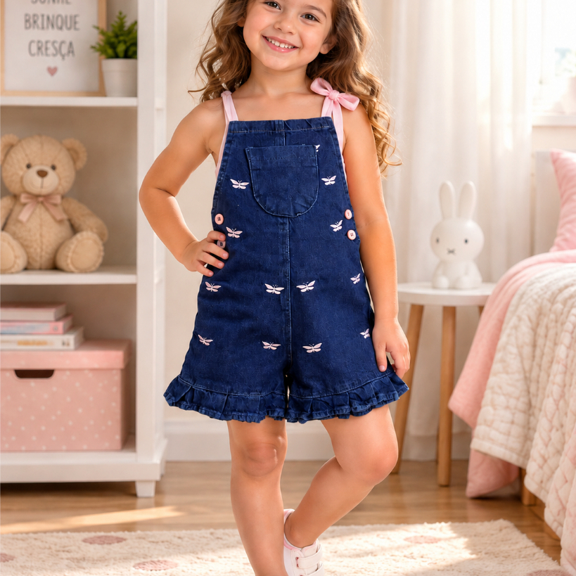 Jardineira Infantil Menina Feminina Jeans Estampada com Laço e Babado Menina Moderna Confortável Premium