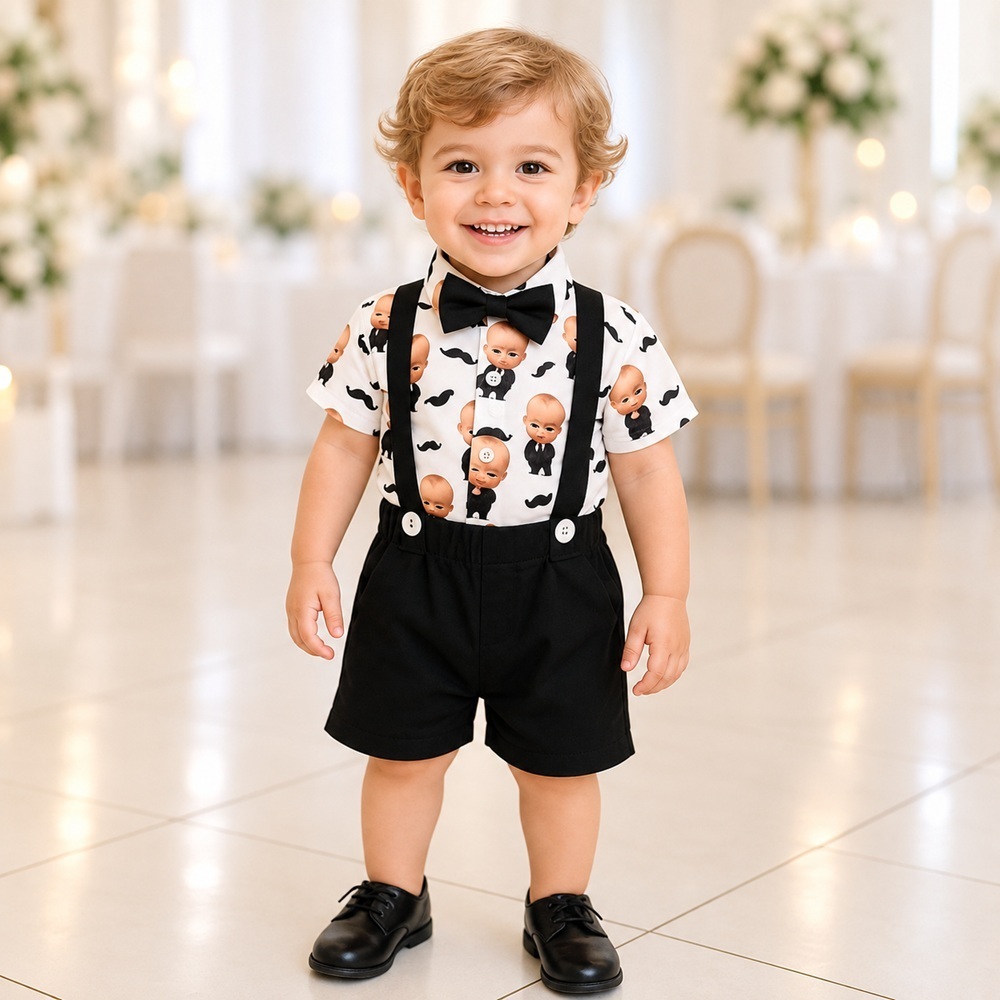 Conjunto Infantil Menino Mauricinho Social Gravata Shorts Jardineira Temático de 01 a o3 Anos