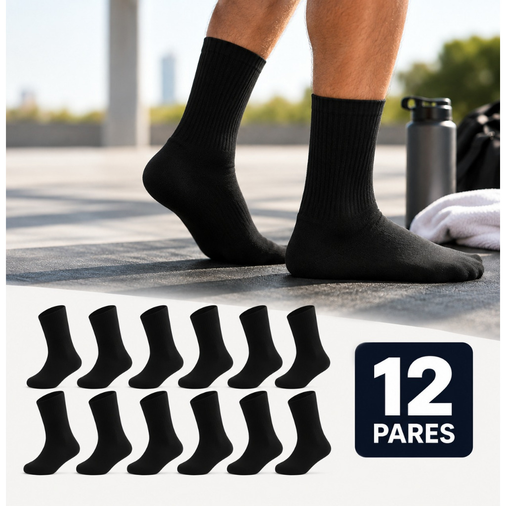 Kit Com 12 Pares De Meias Preta Masculina Cano Longo Alto Esporte Preta Confortável Macia Algodão 38 ao 44