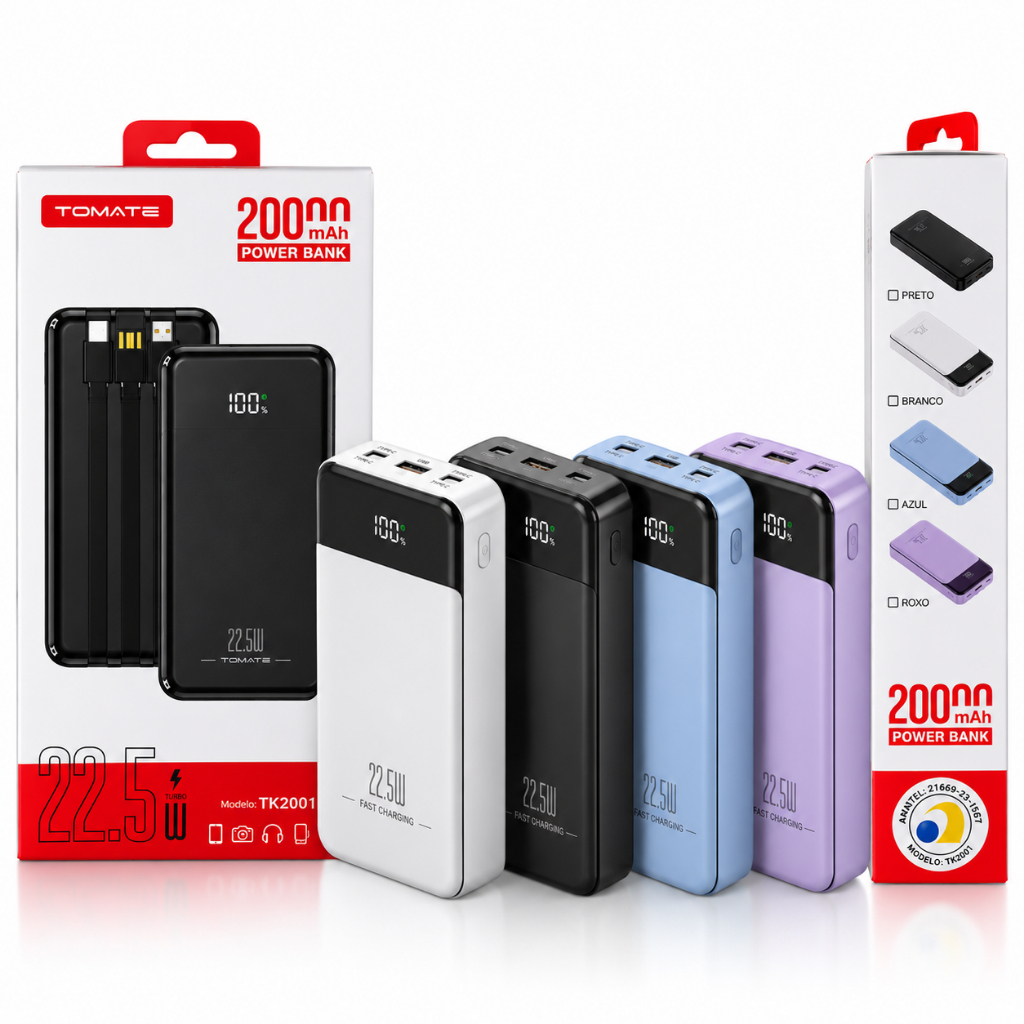 Power Bank 20000mAh 22.5W Turbo Carregador Portátil Display LED USB Tipo-C Carregamento Rápido