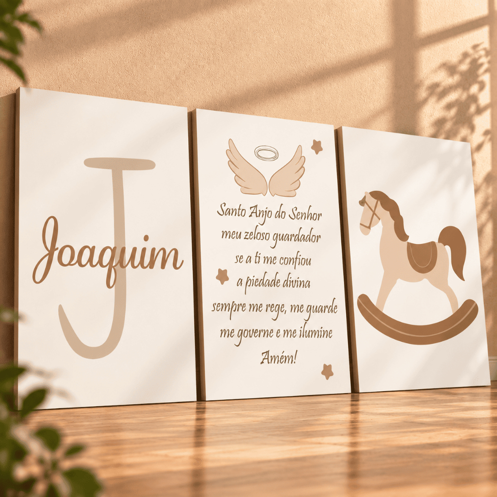 Kit 3 Quadros Decorativos Infantil Nome Personalizado Santo Anjo Oração Bebê Quarto Criança menino menina