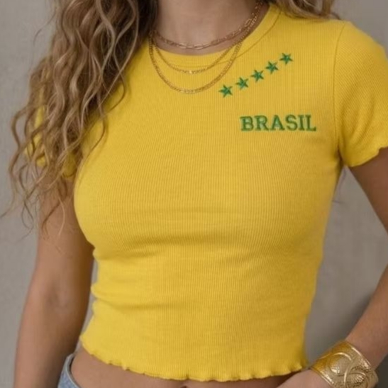 Blusa feminina Cropped Ribana Canelada Coleção Limitada Bordado - Malha premium
