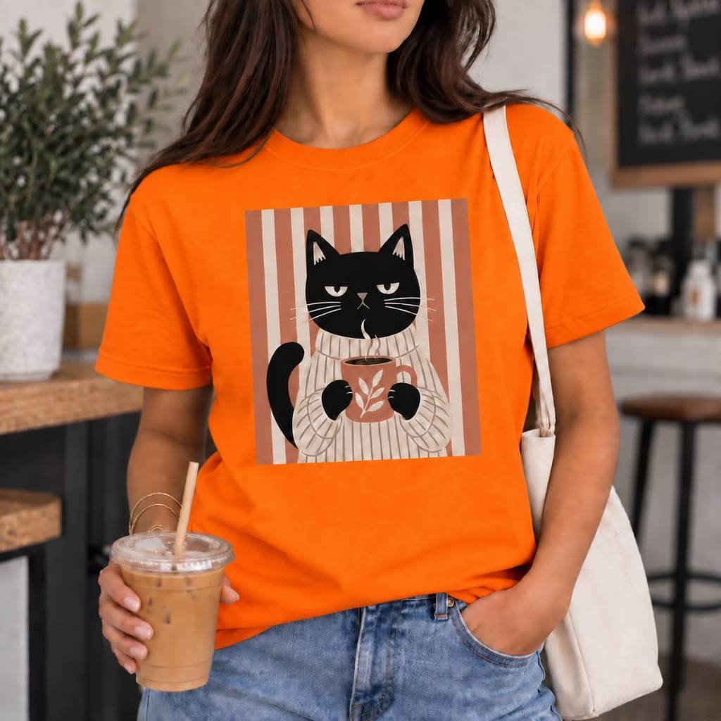 Camiseta Feminina 100% Algodão Gatinho Café Versátil Gato Estampada Casual Confortável Premium
