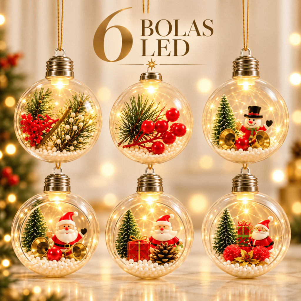 Kit Bolas Natal Luz Led Vazada Papai Noel Pendente Enfeite Globo Árvore Decoração Neve Natalina