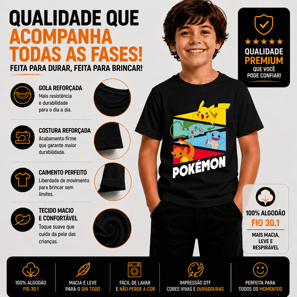 Camiseta Infantil Menino Estampada Desenho Pokémon Algodão 100% Premium Blusa Criança Casual Pikachu — imagem 2 de 2