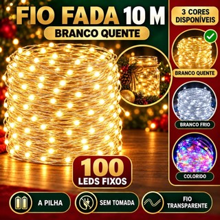 Fio De Fada 100 Leds 10 Metros IP44  Bateria Cordão Pisca Luzes Festa Decoração Árvore Natal LuvinCo