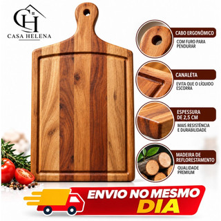 Tábua de Corte para Churrasco em Eucalipto Maciço 43x24cm, 2,5cm de Espessura com Cabo Re…