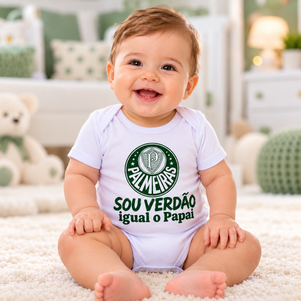 Body Bebe Palmeiras Sou Verdão Igual o Papai Infantil Torcedor Algodão Manga Curta Mesversário Futebol