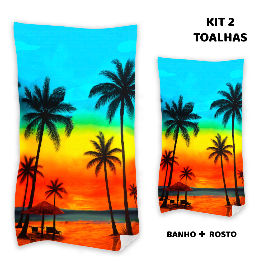 Kit 2 Toalhas Felpudas de Banho e Rosto Estampadas Tropical Praia Colorida 1 Banho 1 Rosto