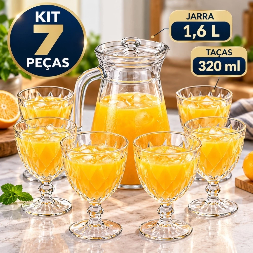 Kit Jarra de Vidro 1,6L com Tampa e 6 Taças Diamond 320ml Conjunto 7 Peças — imagem 1