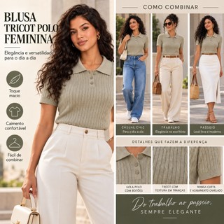 Blusa Feminina Tricot Gola Polo Manga Curta Malha Geladinha Toque Gelado Leve Respirável Casual Elegante