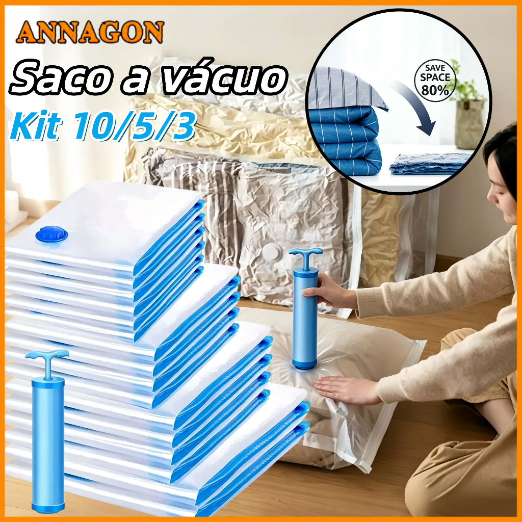 Imagem Kit 10/5/3 Saco a Vacuo Organização de Roupas 110x70 Mala Viagem Guarda Roupa Bomba Manual