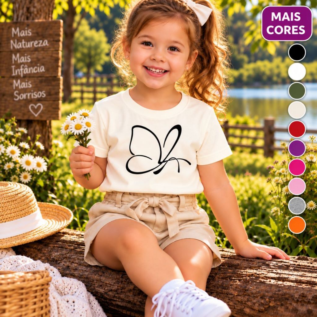 Camiseta Blusinha Infantil Menina Criança Adolescente Bebe Tamanho 2 ao 16 anos Borboleta Algodão