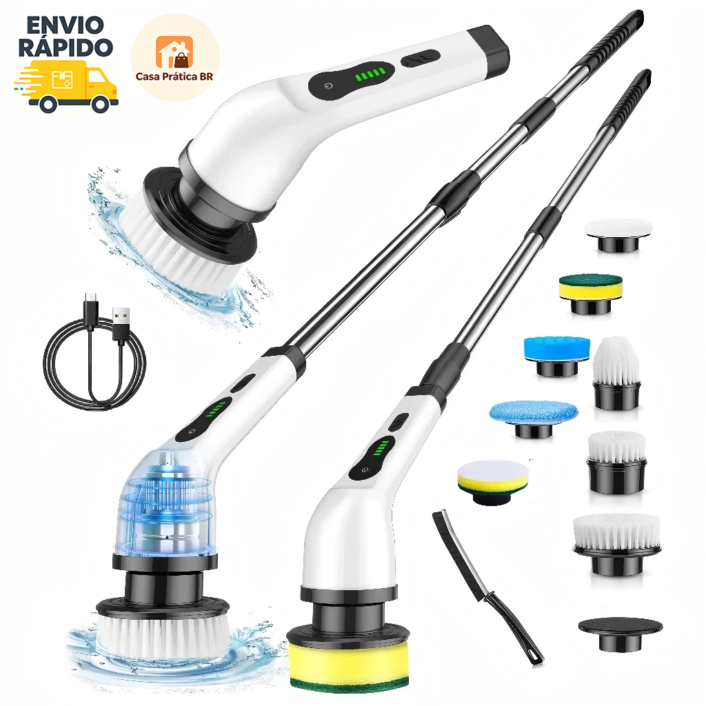 ✈️Envio Rápido｜Escova de Limpeza Elétrica Giratória 9‑em‑1 USB, Cabo Telescópico, Cabeças Intercambiáveis
