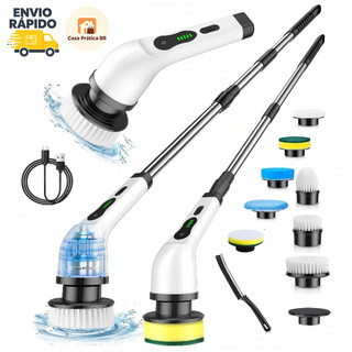 ✈️Envio Rápido｜Escova de Limpeza Elétrica Giratória 9‑em‑1 USB, Cabo Telescópico, Cabeças Intercambiáveis