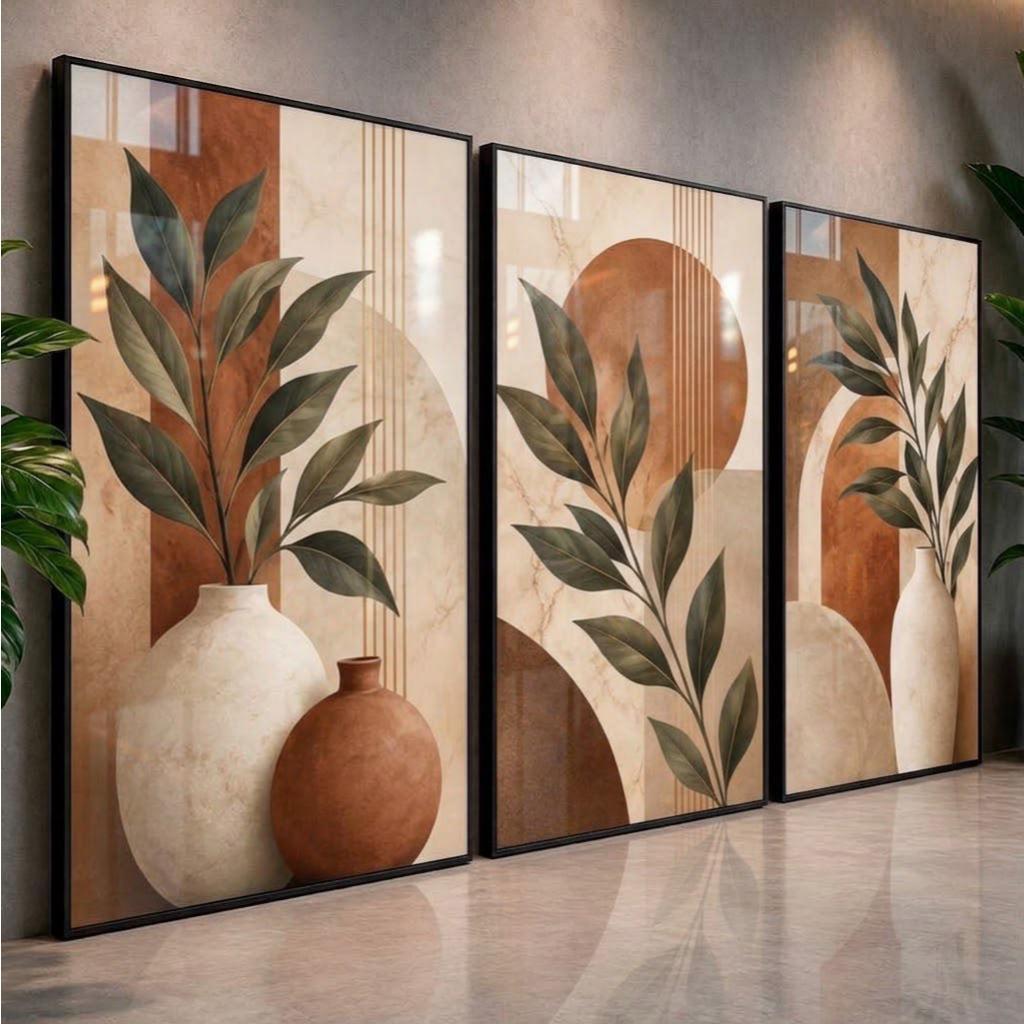 Quadros Decorativos Boho Kit 3 Vasos e Folhagens Verde Oliva Terracota para Sala de Estar