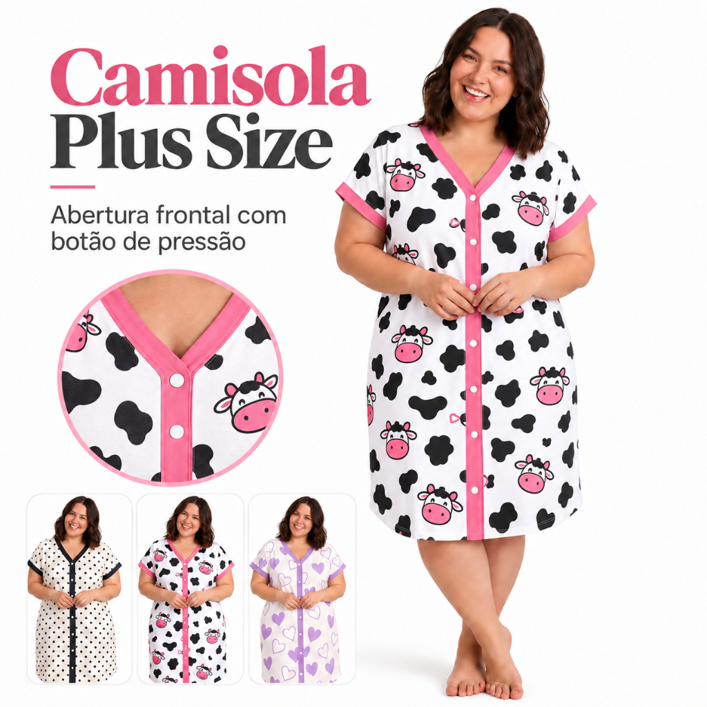 Camisola Plus Size Abertura Frontal de Botão Confortável Pós Cirúrgica Gestante Pós Parto Roupa de Dormir