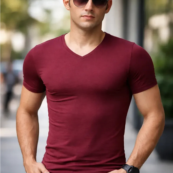 Camiseta Masculina Básica de Malha Premium Com Elastano Gola Em V Manga Curta Slim Tshirt Moda Masculina