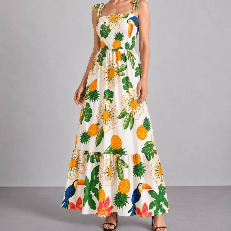 Vestido Flor grande Longo que Combina com Tudo Do Passeio ao Jantar Casual