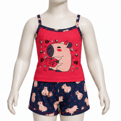 Pijama Infantil Capivara de Verão para Menina Conjunto 2 Peças Blusa de Alça e Short Estampado Baby Doll