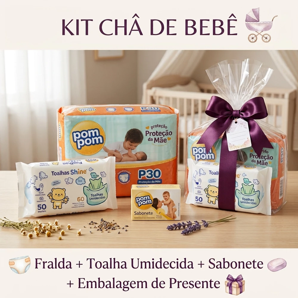 Kit ( Pom Pom ) Chá de Bebe Fralda + Toalha Umidecida 50un + Sabonete 45gr