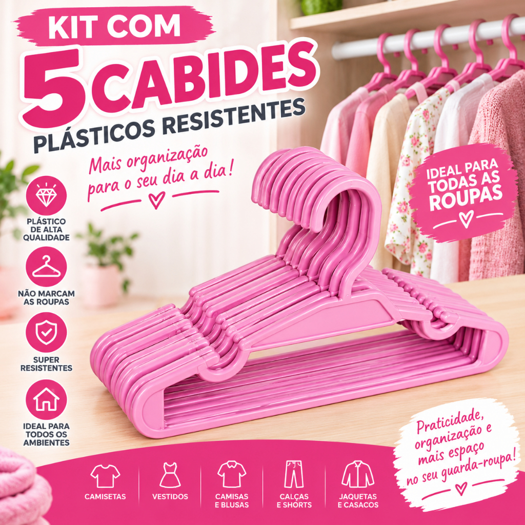 Kit 5 Cabides infantil de Plástico Rosa para Roupas e Organizador de Guarda-Roupa
