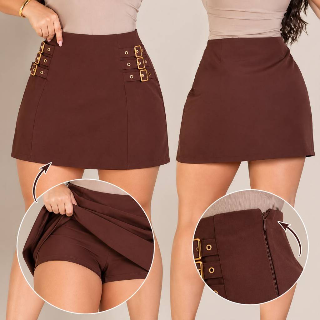 Shorts Saia Feminino Curto Alfaiataria Preto Detalhes com 6 Fivelas Dourados Cintura Alta com Zíper Moda Social