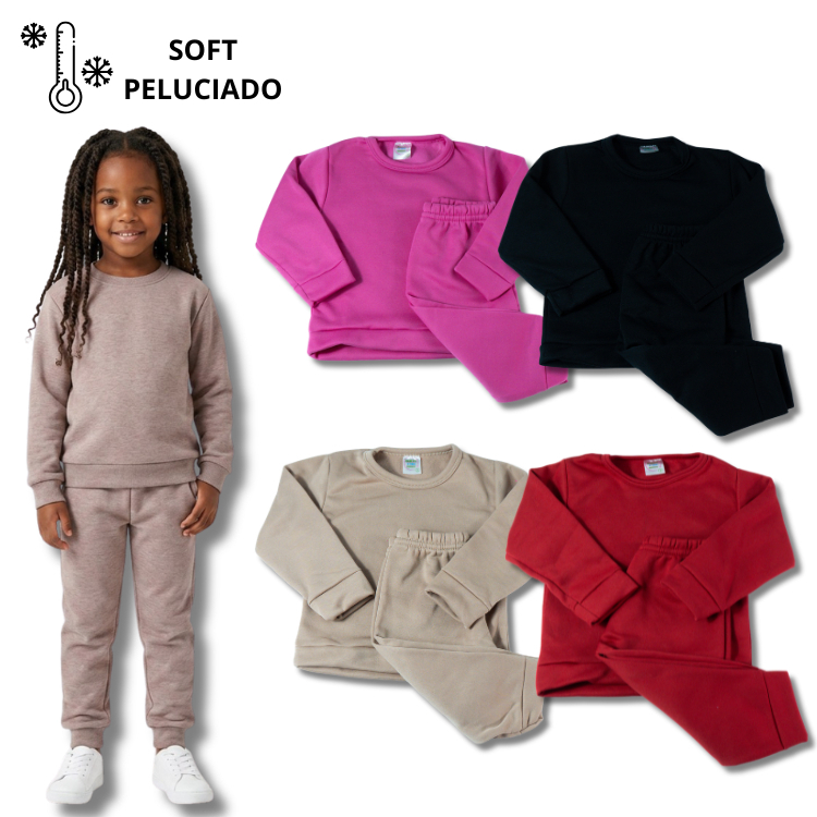 Kit 2 Conjuntos Soft Peluciado Liso Feminino/Menina Infantil - Inverno Escolar Roupa Térmica
