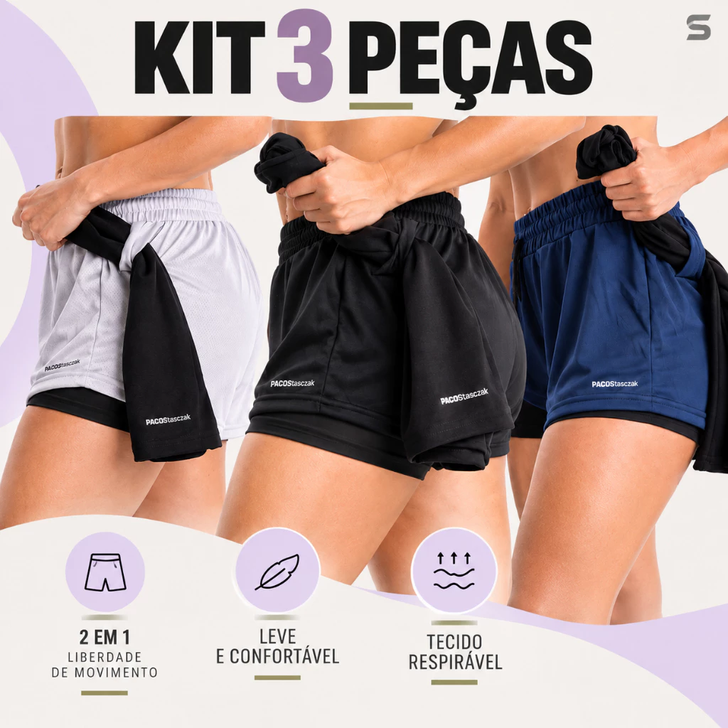 Kit 3 Shorts 2 em 1 Feminino Bermuda Dryfit Dupla Para Treino Academia Caminhada e Outros Esportes — imagem 1