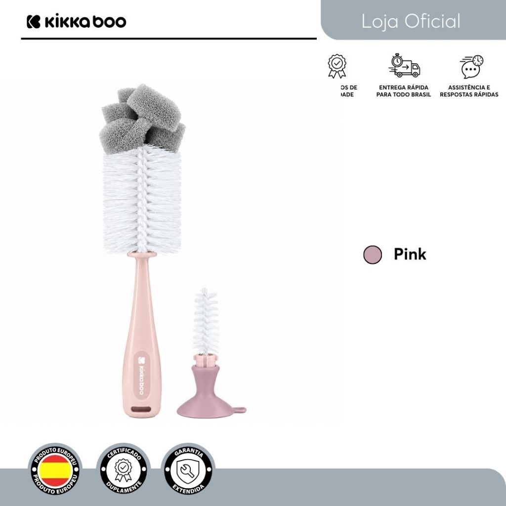 Escova Lavar Mamadeira 2 em 1 Limpador de Bico Com Ventosa Bebê Sem BPA Macia Rosa Pink Kikkaboo · foto 2