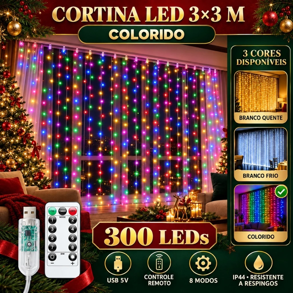 Pisca Cortina 300 Leds 3x3m USB IP44 8 Modos Iluminação Luzes Fada Decoração De Natal Festa LuvinCo — imagem 1